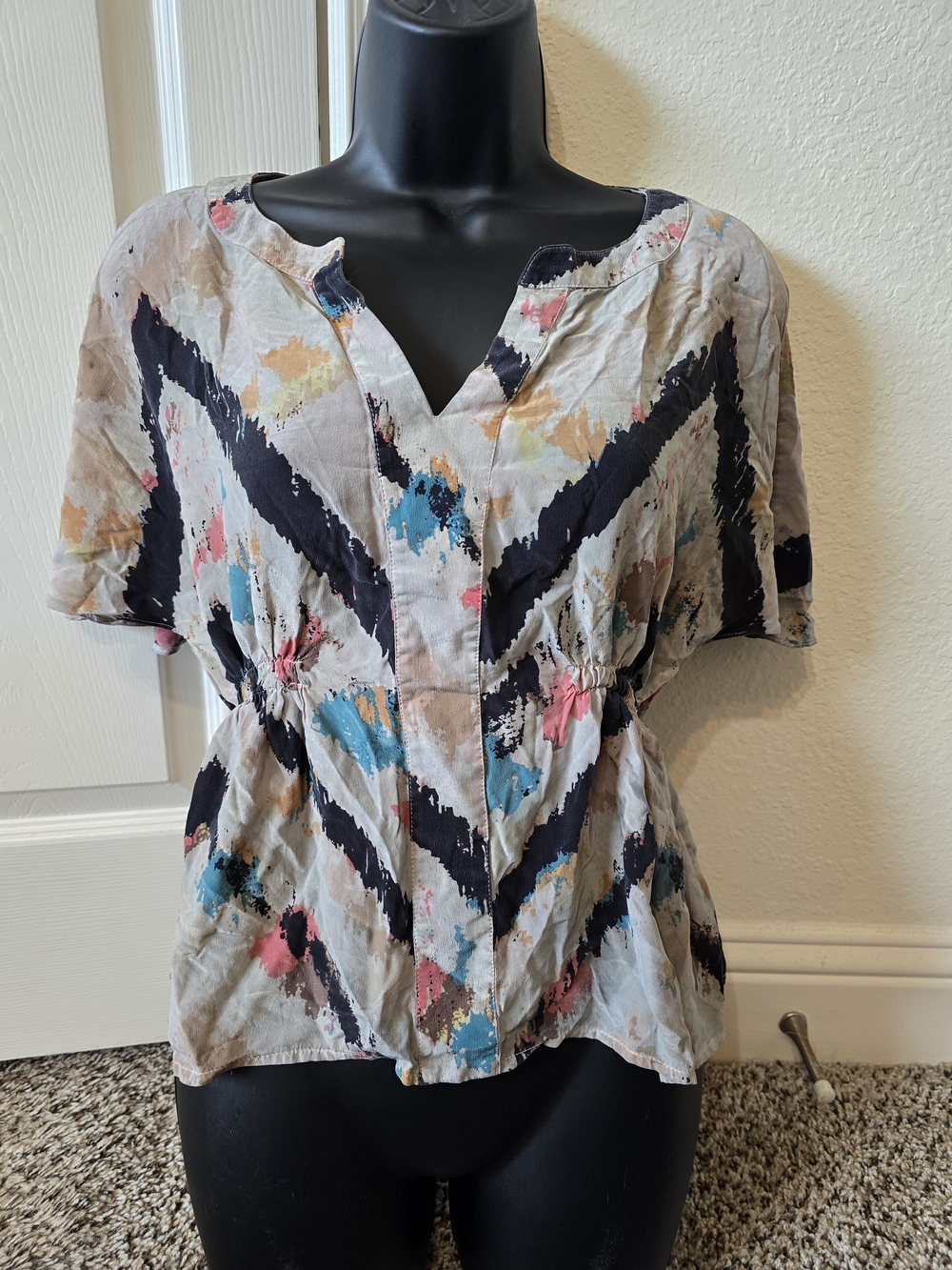 BCBGMaxAzria Beige Tunic with Navy Chevron and Multi-Color Splashes